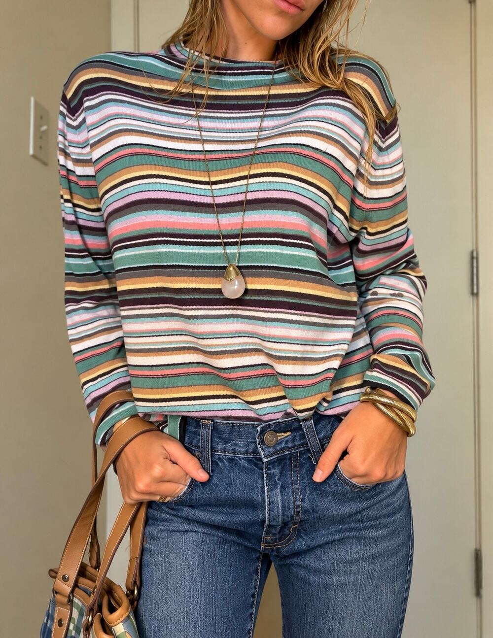 Vintage Y2K Sag Harbor Petite Striped Sweater Top – Multicolor Fall Knit